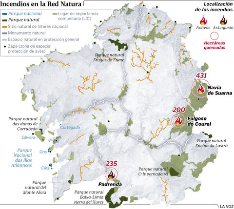 La superficie quemada es Red Natura, que abarca ya el 12 % del suelo de  Galicia