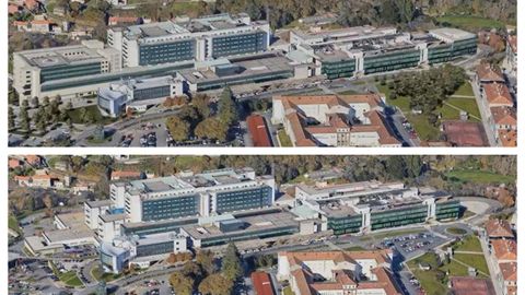 En la imagen de abajo, el CHUS actualmente; en la de arriba, simulación de la ampliación finalizada