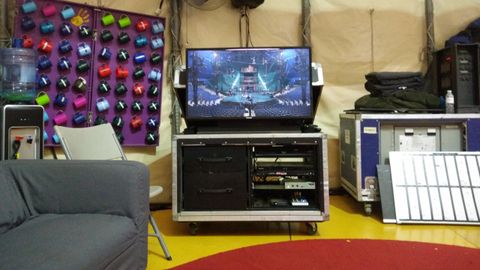 Kooza.El rea de descanso en el backstage, con un televisor que muestra el escenario en tiempo real