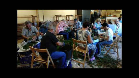 Foto de archivo de los preparativos para elaborar la alfombra de Santa Eufemia en Trasbar, Cervo