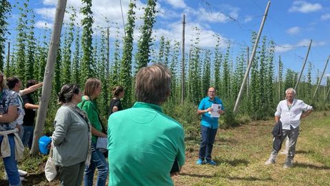 Participantes no congreso internacional deste mes, de visita nunha plantación de lúpulo