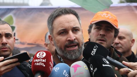 El líder de Vox atiende a los medios antes de la marcha en Madrid
