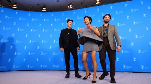 Actors Teo Yoo, Greta Lee and John Magaro, in the presentation 