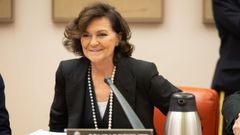 La exministra y exvicepresidenta primera Carmen Calvo, en la Comisión Constitucional en la que se sometió al examen de idoneidad como presidenta del Consejo de Estado.