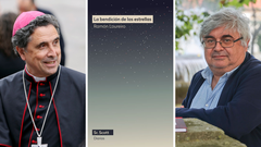 A la derecha, el obispo de�Mondo�edo-Ferrol, Fernando Garc�a Cadi�anos, en el medio, el libro �La bendici�n de las estrellas�, y a la derecha, el escritor y periodista Ram�n Loureiro.