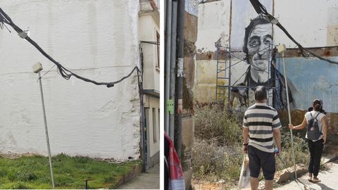 A la derecha, el mural de Luis O fojeteiro, y a la izquierda, la pared como luce actualmente tras haber sido aislada y repintada de blanco