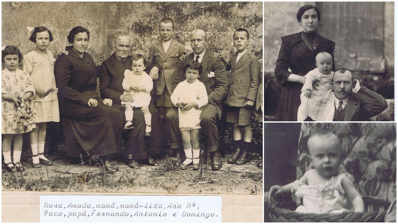 nuria.Unha fotografía familiar de Fernández del Riego de bebé xunto aos pais e irmás, outra imaxe cos pais e mais unha foto de cando era bebé. 