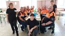 Voluntarios de Protección Civil de las provincias de Málaga y Cádiz, en el comedor del colegio de Ortigueira, atendido por personal de A Transanquesa