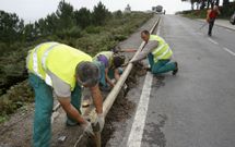 Operarios colocan los trancos de madera que delimitan la senda de la carretera. 