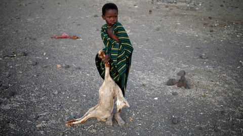 Un nio transporta una cabra muerta en un pueblo cerca de Loiyangalani (Kenia).