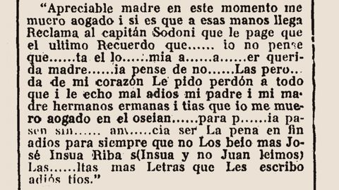 Carta manuscrita de un marino espaol lanzada al mar en una botella y que lleg, muy deteriorada, a las autoridades martimas en Galicia.