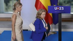 Yolanda Díaz y Nadia Calviño hace unas semanas, en una reunión de la UE