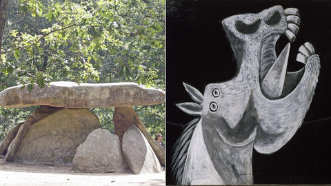El viaje de Campbell inicia sus pasos en la prehistoria -en la imagen, el dolmen de Axeitos- y llega al arte contemporneo -a la derecha, boceto de Picasso para el Guernica-
