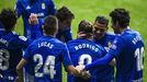 Los jugadores del Oviedo celebran el gol de Rodri al Zaragoza