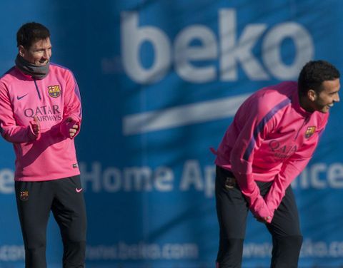 Messi (izquierda) y Pedro, durante una sesin. 
