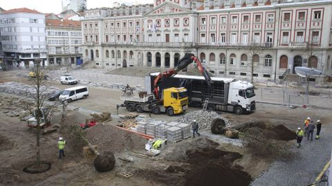 Llegada de algunos de los tilos a la nueva plaza, en enero del 2020