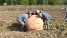 Luis intenta levantar la calabaza con unos amigos