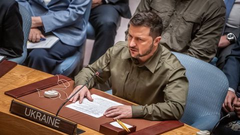 El presidente ucraniano, Volodímir Zelenski, ayer, en el Consejo de Seguridad de la ONU.