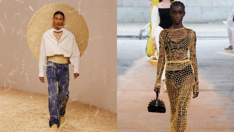 A la izquierda, la tendencia vaquera en la nueva colección de Jacquemus; a la izquierda, un vestido de red de Gabriela Hearst