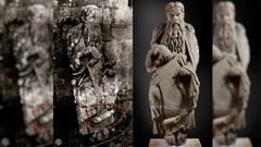 Comparativa entre el estado de las estatuas tras su estancia en el Pazo de Ximonde y en el de Meirs, donde perdieron algunos de sus elementos