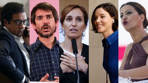 De izquierda a derecha, scar Lpez (PSOE), Ernest Urtasun (Sumar), Mnica Garca (Ms Madrid), Andrea Fernndez (PSOE) y Sira Rego (IU)