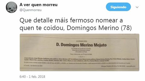 Tuit sobre una de las esquelas publicadas en La Voz con motivo de la muerte del primer alcalde corus de la democracia, Domingos Merino
