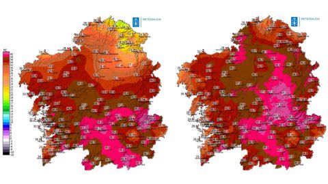 Las temperaturas máximas del martes (izquierda) y de este miércoles (derecha)