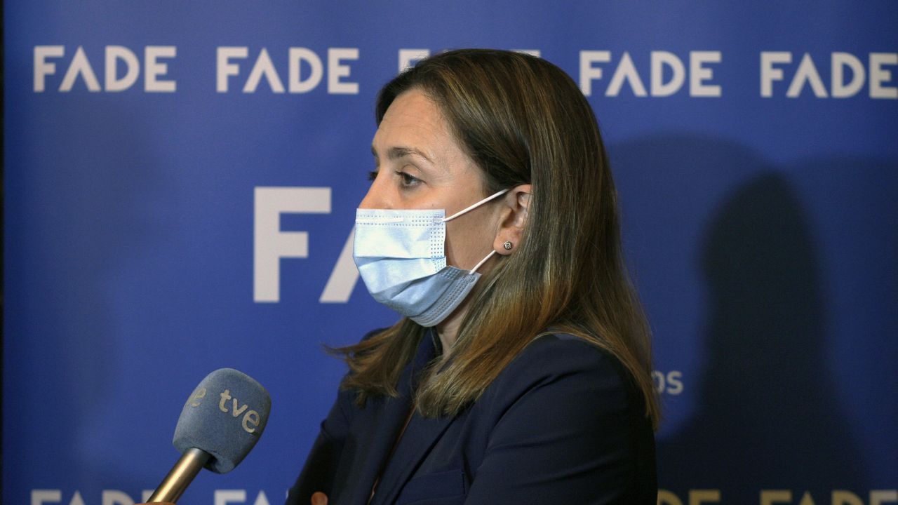 La presidenta de la Federación Asturiana de Empresarios (FADE), María Calvo, hace declaraciones a los periodistas momentos antes de participar en una jornada sobre financiación de empresas este jueves en Gijón