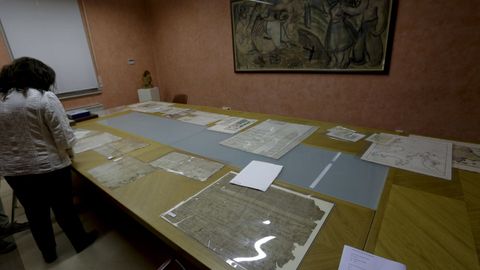 Varios pergaminos dispuestos por los tcnicos del Arquivo do Reino