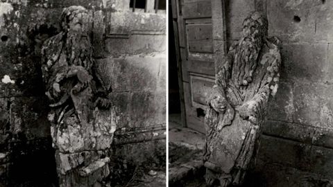 Detalle de las imgenes inditas tomadas en 1945 por Miguel Durn-Loriga en las que pueden verse las estatuas mateanas (Ezequiel/Abraham y Jeremas/Isaac) apoyadas en la fachada del pazo de Ximonde, en donde se situaban flanqueando la entrada principal. Las fotografas se conservan en el archivo del Museo de Pontevedra