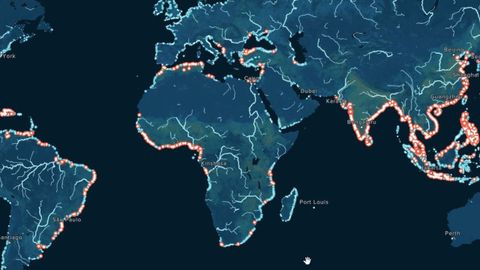 Mapa de Ocean Cleanup con los principales puntos de vertidos de plsticos al mar desde ros