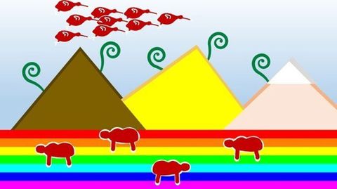 En esta bandera sugerida, los kiwis aprenden, por fin a volar por encima de las ovejas, introducidas en la isla. (Diseo de Logan Wu).