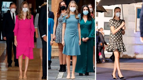 La princesa Leonor, con el vestido fucsia del concierto, el azul de las audiencias y el dorado con volante de la ceremonia