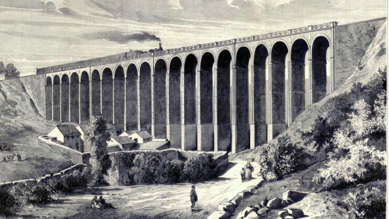 El buen tiempo y el alivio de restricciones atrae peregrinos a Santiago.REPRODUCCION DE LA REVISTA LA ILUSTRACI�N ESPA�OLA Y AMERICANA SOBRE EL VIADUCTO DEL TREN DE A CHANCA, EN LUGO, EN 1875