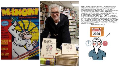 Miguel Gallardo, entre una portada de Makoki, la creaci�n con la que se dio a conocer, y su �ltimo c�mic, sobre el tumor cerebral que tuvo