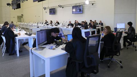 Imagen de la sala de vistas del juicio del Alvia, habilitada en la Ciudad de la Cultura de Santiago