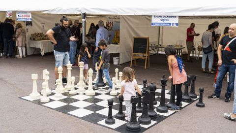 Tablero gigante de ajedrez de la Escola de Xadrez de Sigrás (Cambre) en la última edición de Cullerciencia celebrada en la ría de O Burgo el pasado 18 de junio del 2022
