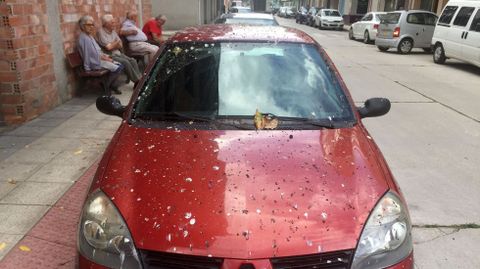 Un coche cubierto de excrementos de estorninos este verano en la calle Corredoira, cerca del hospital