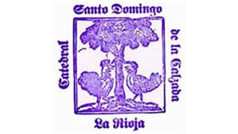 Sello de Santo Domingo de la Calzada (La Rioja) que cuenta el milagro del gallo y la gallina.