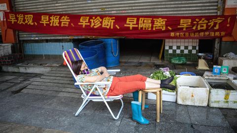 Una mujer, con mascarilla, duerme la siesta en el mercado hmedo de Guangzhou, China