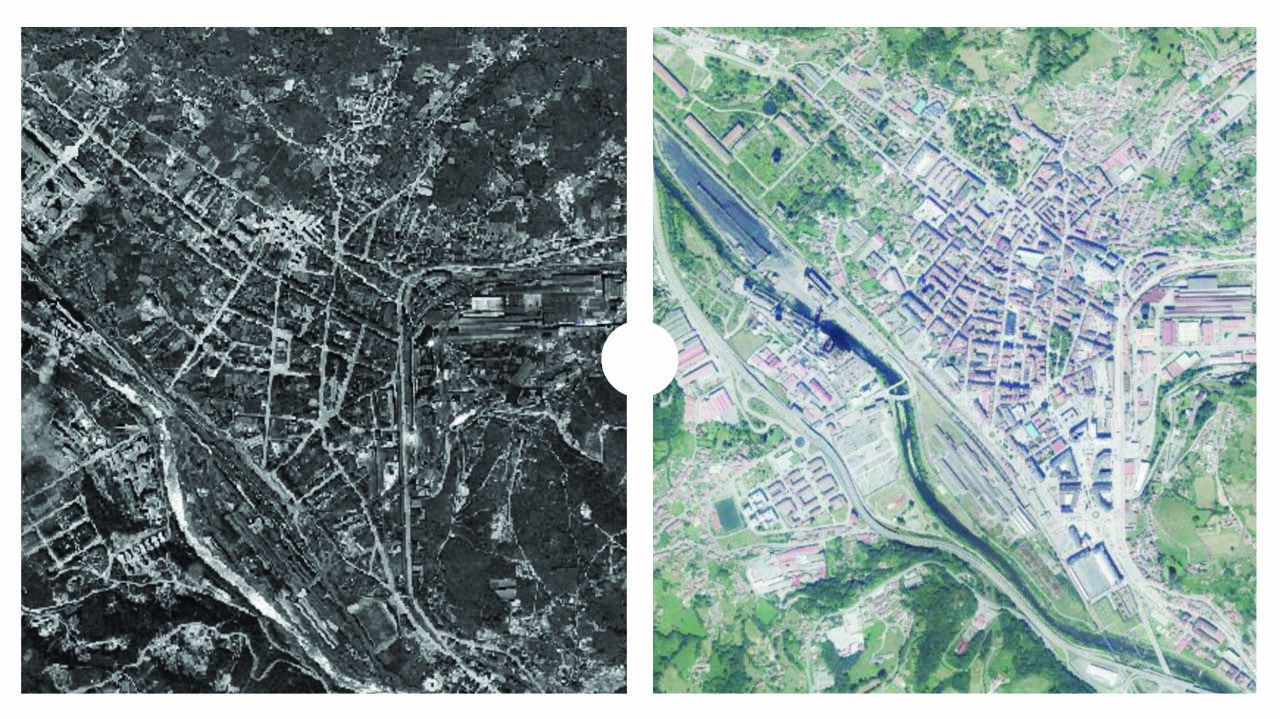 Sama de Langreo en 1956 y en 2019, seg�n datos del Instituto Geogr�fico Nacional (IGN)