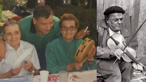 Adolfina e Rosa, amosando as súas habelencias cantoras nunha romaría familiar en Vila de Cruces, en torno a 1990 (entre elas, Rafael, fillo de Rosa), nunha imaxe cedida pola familia. Á dereita, Florencio López, o Cego dos Vilares, tocando o seu violín. Os tres encarnan a candidatura da poesía popular.