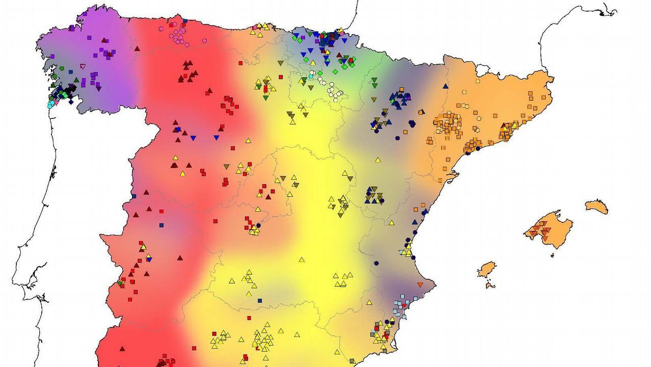 Mapa genético de España. Galicia, en azul, presenta el mayor aislamiento genético entre poblaciones.