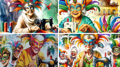 Detalles de los carteles de los carnavales de Pedro Muoz, Irn, Barbads y Sestao, diseados todos por el mismo artista y que ganaron premios con dotacin econmica