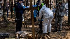 Los expertos trabajan en una tumba forestal junto al cuerpo exhumado de una mujer. 