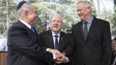 Netanyahu, el presidente Rivlin y Gantz ,en un acto en honor de Simn Peres el pasado septiembre