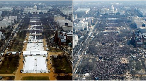 Imagen comparativa de la National Mall (Explanada Nacional) de Washington en las investiduras de los presidentes Donald Trump (izquierda) y Barack Obama en el 2009 (derecha) 