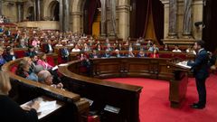 El presidente de la Generalitat, Pere Aragonès, durante su intervención en el pleno de este miércoles en la Cámara catalana