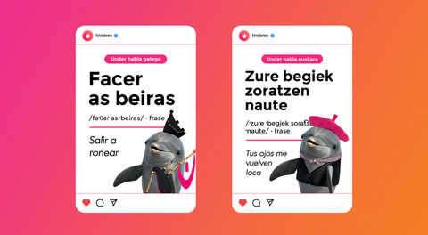 <span lang= gl >Imaxe de Tinder en galego e en euskera onde traduce �facer as beiras� por �salir a ronear�</span>