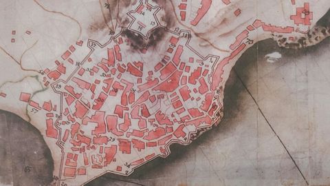 Plano de la villa de Vigo de 1773, con apuntes realizados por Jaime Garrido en su libro Vigo amurallado. Origen y evolución histórica